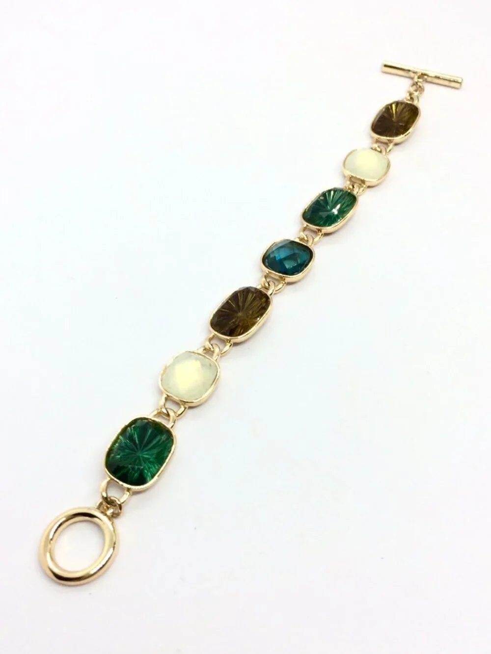 VINTAGE ANNE KLEIN Bracelet Green Brown Opaline Toggle Gold Tone